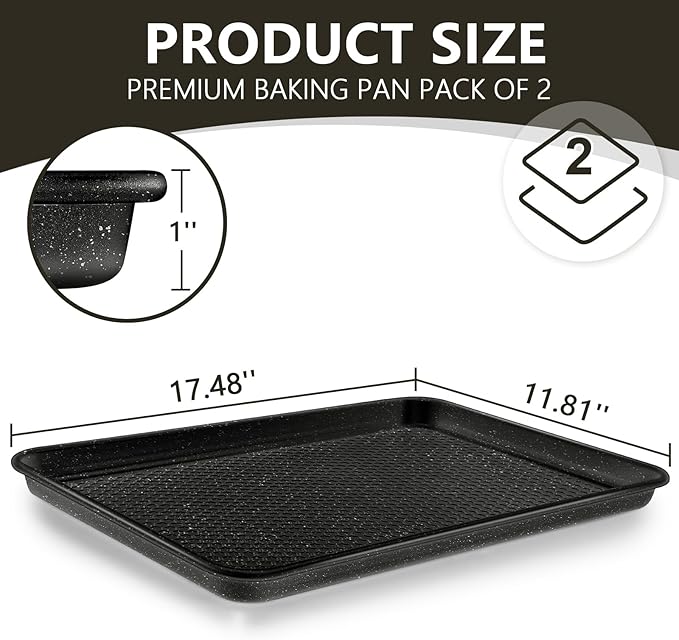 Wildone 2 Pack Half Sheet Baking Pans, Honeycomb Embossed Nonstick Baking Sheet 17.5x12 In, Thicker Carbon Steel Cookie Sheet, Even Heating & Warp Resistant, Black - Image 2
