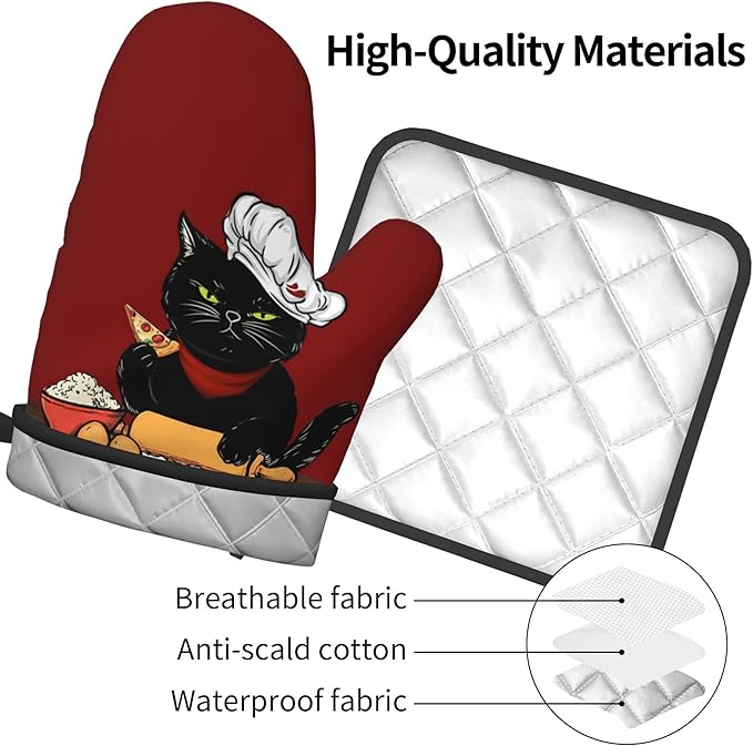 Cat Pot Holders and Oven Mitts - Red Cooking Gloves Hot Pads for Kitchen Fun Chef Gifts for Cooking Lover Cooks - Image 4