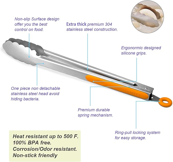 304 Stainless Steel Kitchen Cooking Tongs, 14" and 16" Set of 2 Sturdy Grilling Barbeque Brushed Locking Food Tongs with Ergonomic Grip, Orange - Image 5