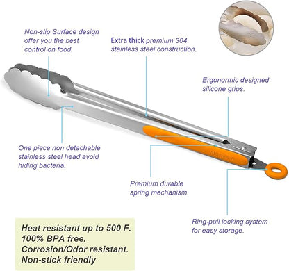 304 Stainless Steel Kitchen Cooking Tongs, 12" and 14" Set of 2 Sturdy Grilling Barbeque Brushed Locking Food Tongs with Ergonomic Grip, Orange - Image 5
