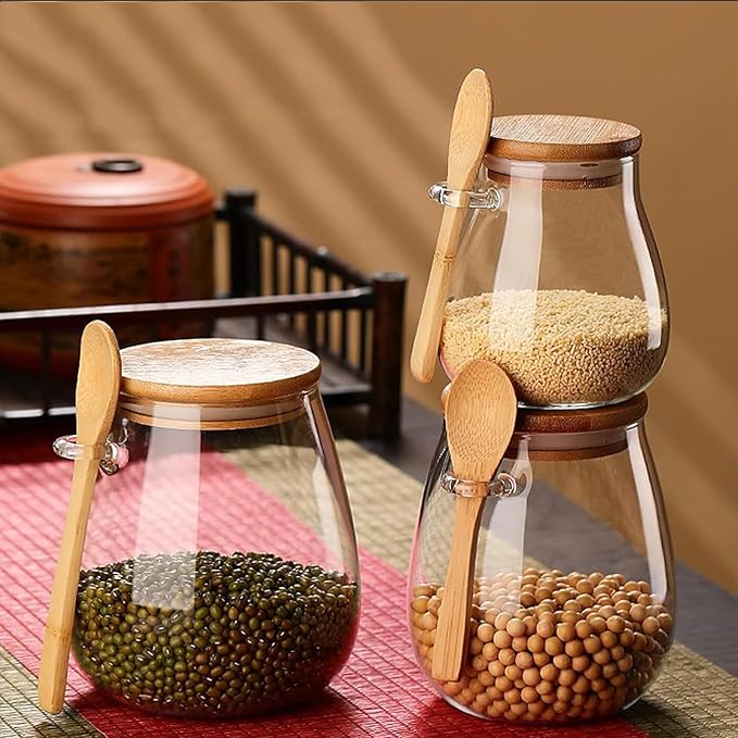 Airtight glass jar storage container with bamboo lid Set of 2, wide mouth, leak-proof, With a spoon, can be used for coffee beans, tea leaves, grains, dried fruits, etc (Middle) - Image 4