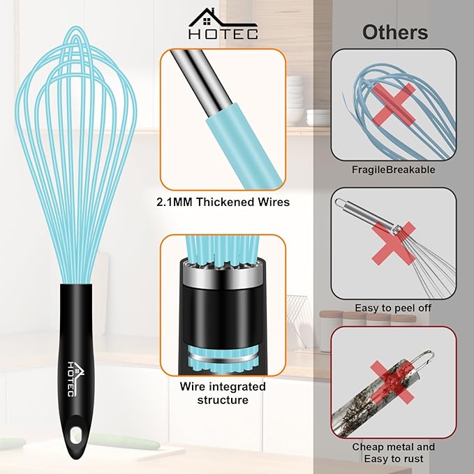 HOTEC 4 Pieces Silicone Whisks Set, Wire Balloon Whisks Egg Beater, Non-slip Handle Whisk for Non-stick Cookware Perfect for Cooking, Stirring, Beating and Blending (Blue) - Image 7
