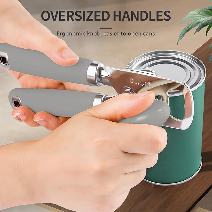 Safring Can Opener Manual, Heavy Duty Stainless Steel Smooth Edge Can Opener With Soft Touch Handle, Oversized Handheld Easy Turn Knob, Multi-Function Bottle Opener, Gray