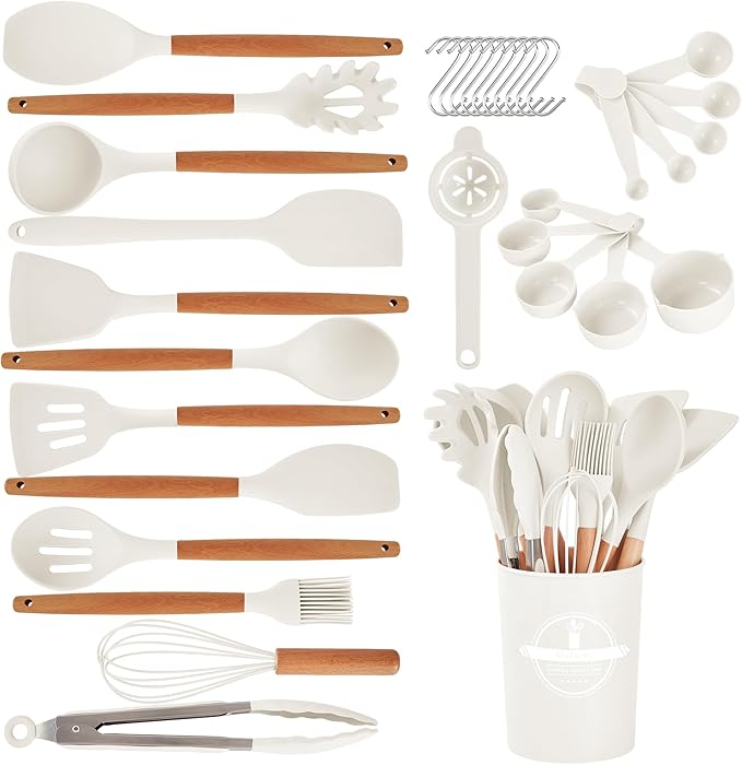 Kitchen Utensils Set - 34 PCS Non-Stick Silicone Cooking Utensils Set Spatula Set with Holder, Wooden Handle Spoon,Brush,Whisk Kitchen Gadgets Tools Set for Nonstick Cookware (Cream White-34P) by Stylishkitchenjoyfulmoment