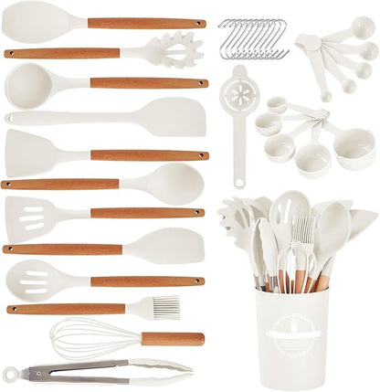 Kitchen Utensils Set - 34 PCS Non-Stick Silicone Cooking Utensils Set Spatula Set with Holder, Wooden Handle Spoon,Brush,Whisk Kitchen Gadgets Tools Set for Nonstick Cookware (Cream White-34P) by Stylishkitchenjoyfulmoment
