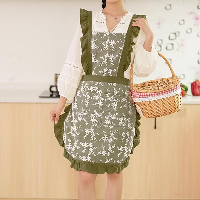 Pinknoke Vintage Pinafore Apron Dress for Women with Pockets Cute Floral Chef Aprons for Kitchen Cooking Baking Gardening - Image 4