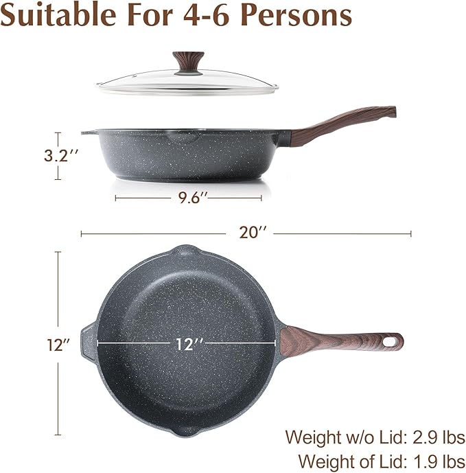 SENSARTE Nonstick Deep Frying Pan Skillet, 12-inch Saute Pan with Lid, Stay-cool Handle, Chef Pan Healthy Stone Cookware Cooking Pan, Induction Compatible, PFOA Free (Pack of 2) - Image 6