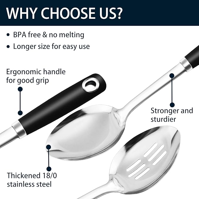14-in Cooking Spoons Set, Heavy Duty 18/0 Stainless Steel Large Serving Spoons Set, Slotted Spoon, Cooking Spoon & Soup Ladle, Commercial and Residential Use, Pack of 3 - Image 6