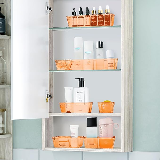 WOWBOX 25 PCS Plastic Drawer Organizer Set, 4 Sizes Desk Drawer Divider Organizers and Storage Bins for Makeup, Jewelry, Gadgets for Kitchen, Bedroom, Bathroom, Office, Clear Orange - Image 6