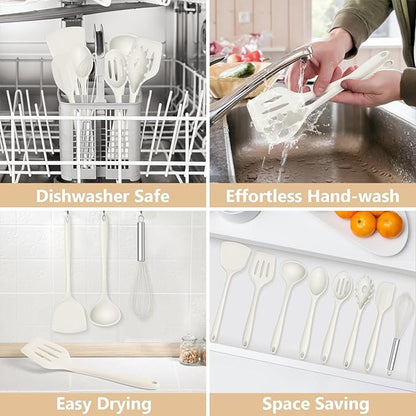 TeamFar 8 PCS Silicone Cooking Utensils - 446°F Heat Resistant Kitchen Silicon Utensils Set, Turner, Spatula, Spoon, Whisk, Kitchen Cooking Gadgets Tools for Nonstick Cookware, Dishwasher Safe-White - Image 6