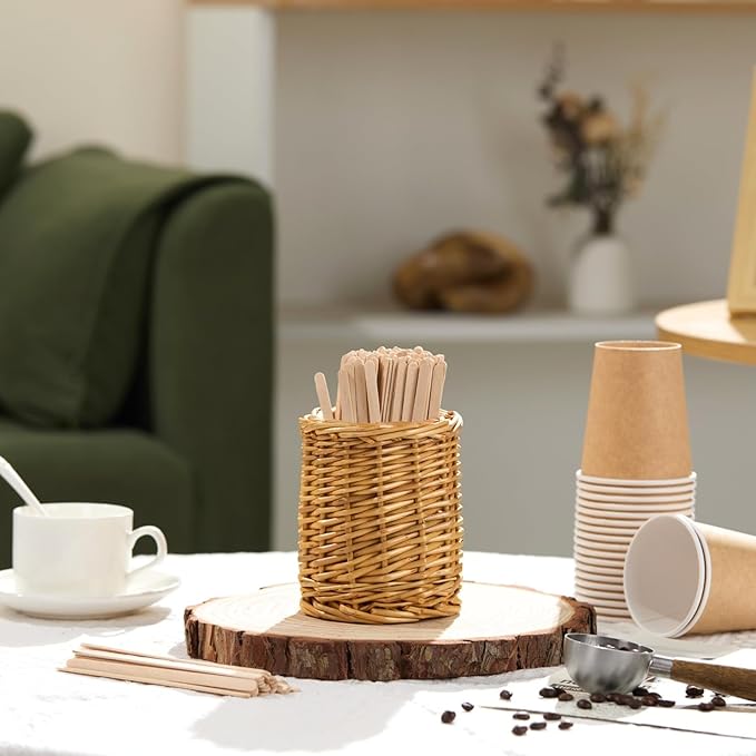 Wood Rattan Coffee Stirrer Holder Set with 100 Disposable Stir Sticks, Wooden Bar Accessories for Milk Cocktail Tea Drinks Straws, Organizer for Station Countertop - Image 6