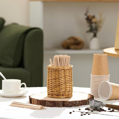 Wood Rattan Coffee Stirrer Holder Set with 100 Disposable Stir Sticks, Wooden Bar Accessories for Milk Cocktail Tea Drinks Straws, Organizer for Station Countertop - Image 6