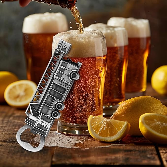 Fire Truck Bottle Opener – Firefighter Gifts for Men, Dad, Grandpa – Silver Fire Truckt-Shaped Bar Accessory with Gift Box – Perfect for Birthday Fathers Day Christmas BBQ Camping