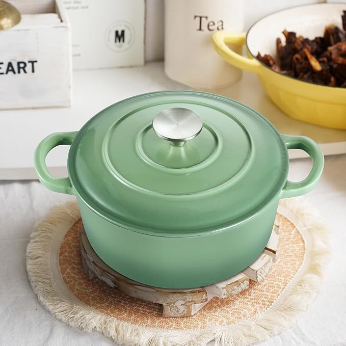 TeamFar Enameled Cast Iron Dutch Oven - 3QT Small Dutch Oven Pot with Lid - Heavy Duty Cast Iron Pot Cookware for Bread Baking, Braising, Stewing, Roasting, Pistachio Green - Image 7