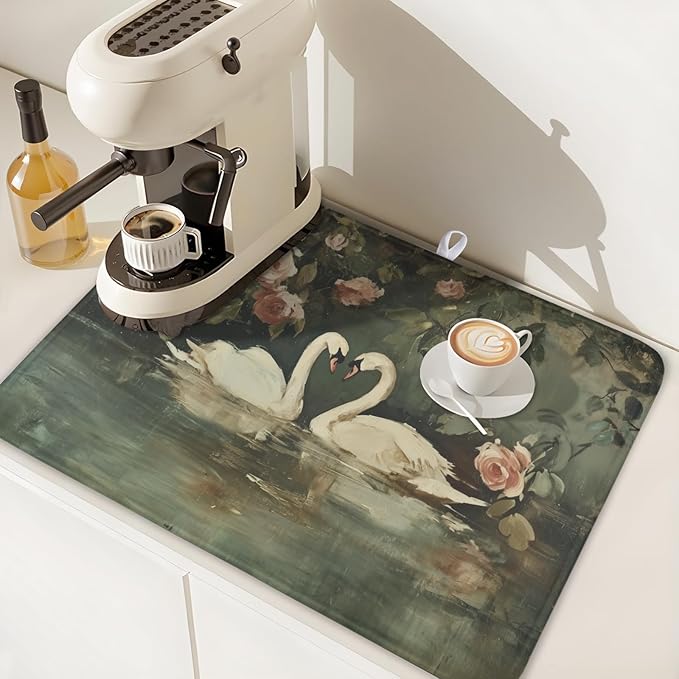 Swans Dish Drying Mat 24x18 Inch, White Swan Drying Mat with Absorbent Reversible Microfiber, Wildlife Aesthetic Dish Drainer Mats Summer Rack Pad for Coffee Countertop Kitchen Protector