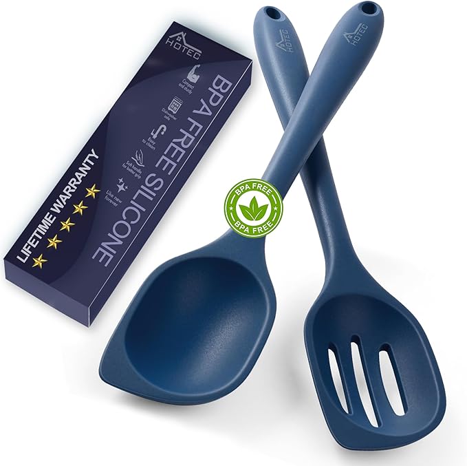 HOTEC 446°F Heat Resistant Silicone Cooking Spoon Spatula, BPA Free Large Kitchen Solid and Slotted Spoons for Mixing, Serving, Scraping, Non-stick, Dishwasher Safe Classic Blue 12.5inch by Hotec