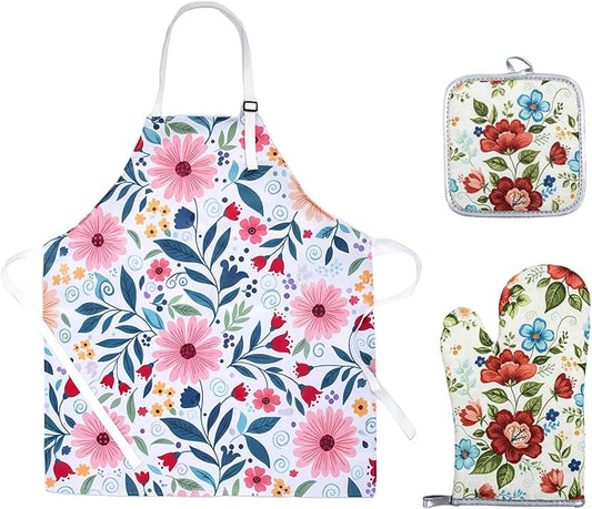Floral Apron and Oven Mitt Set 3 Piece, Heat Resistant Kitchen Mittens and Pot Holders, Vintage Farmhouse Kitchen Decor Accessories, Cute Cooking Baking Gifts for Women Mom.