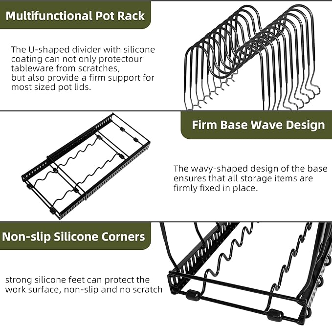 ROOHUA Pot Rack -Expandable Pan Organizer for Cabinet, Lid Holder with 10 Adjustable Compartment for Kitchen Cabinet Cookware Baking Frying Rack - Image 4