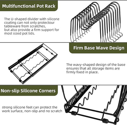 ROOHUA Pot Rack -Expandable Pan Organizer for Cabinet, Lid Holder with 10 Adjustable Compartment for Kitchen Cabinet Cookware Baking Frying Rack - Image 4