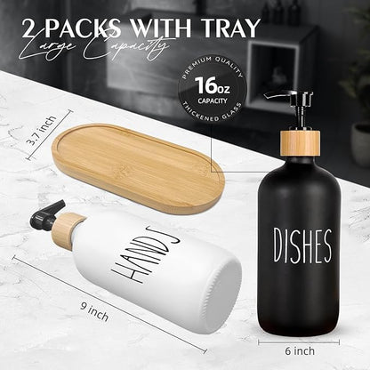 Arktek Glass Soap Dispenser Set with Tray, 2 Pack Hand and Dish Soap Dispenser Set for Bathroom and Kitchen Bottle Dispenser with Dish Soap, Hand Soap, Lotion 17 Oz (Black & White) - Image 2