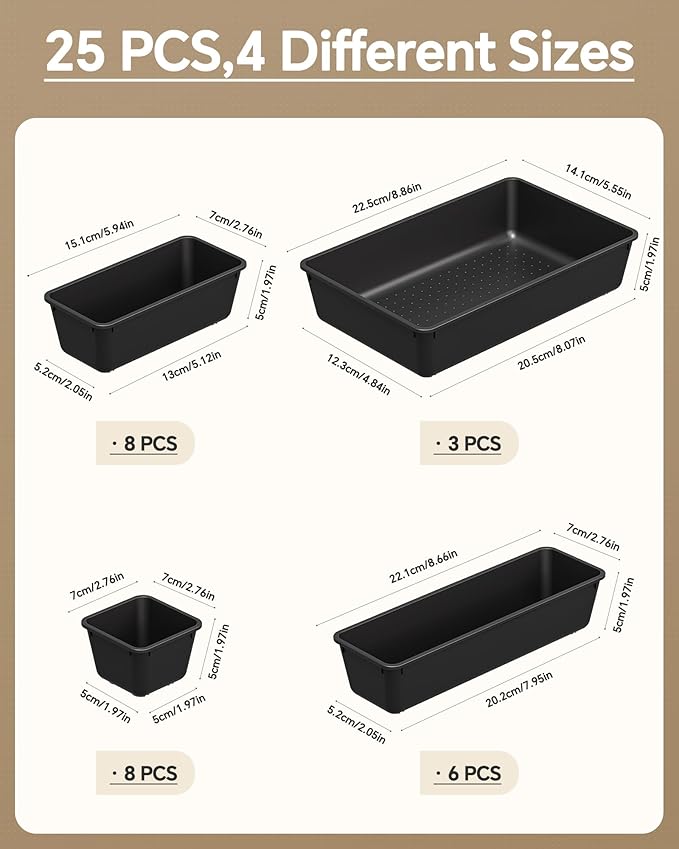 KEMETHY 25 PCS Plastic Drawer Organizers Set, 4 Sizes Vanity Organizer, Makeup and Desk Drawer Organizer Trays, Organization and Storage for Makeup, Bathroom, Kitchen Utensils and Office (Black) - Image 2