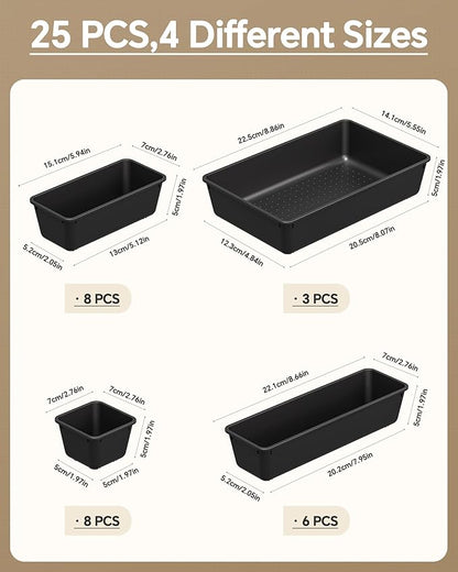 KEMETHY 25 PCS Plastic Drawer Organizers Set, 4 Sizes Vanity Organizer, Makeup and Desk Drawer Organizer Trays, Organization and Storage for Makeup, Bathroom, Kitchen Utensils and Office (Black) - Image 2