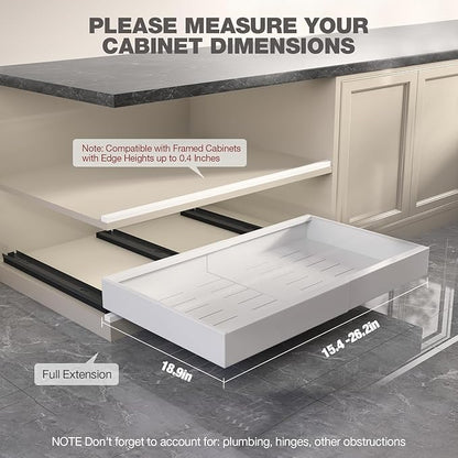 Seinloes 2 Pack Pull Out Cabinet Organizer 19" Deep,Full Extension 3 Slide Rails Slide Out Drawers With Raising Pad for Framed Cabinets,Expandable Width (15.4"-26.2"),No Drill Roll Out shelf,White