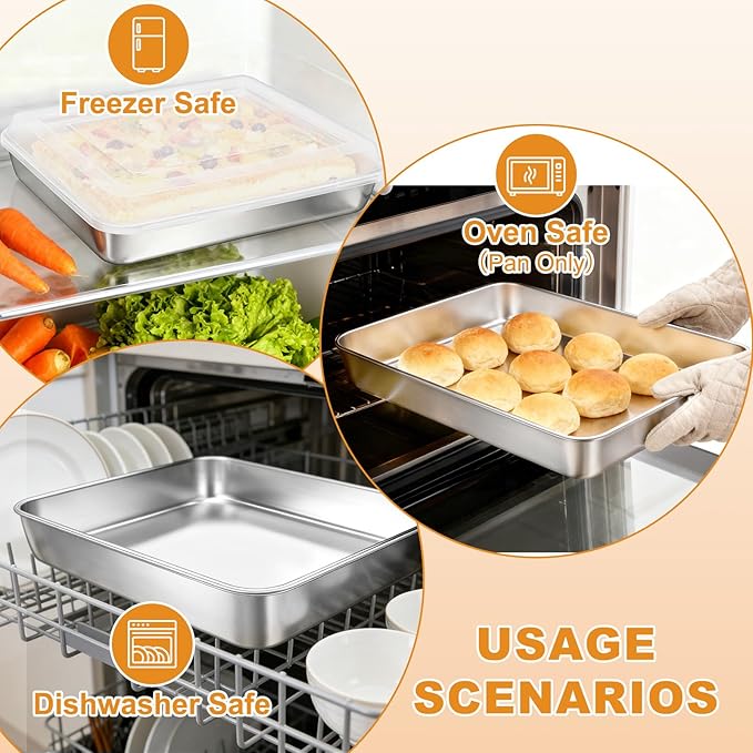 Stainless Steel Baking Pan with Lid, 12⅓ x 9¾ x 2 Inch Deep Rectangle Cake Pans with Cover for Cakes, Brownies, Cookies, Deep Side & Heavy Duty,Dishwasher & fridge & Oven Safe(2 Pans + 2 Lids) - Image 4