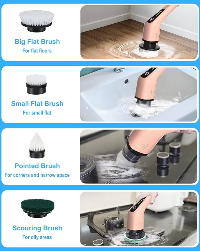 Leebein Electric Spin Scrubber, Cordless Powerful Scrub Brush for Cleaning Bathroom, Kitchen, Shower Tub and Floor Tile with Adjustable Extension Long Handle and 8 Replaceable Brush Heads(Rose) - Image 4