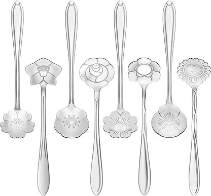 Chengu 8 Pieces Flower Coffee Tea Spoons Stainless Steel Sugar Spoons Tea Party Flower Fancy Tableware Set Stir Bar Creative Stirring Teaspoon, 8 Different Patterns(Silver) by CHENGU