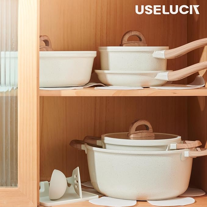 22 Pcs Pots and Pans Set Non Stick Non-Toxic Ceramic Kitchen Cookware Sets Nonstick Pot&Pan With Lid Cream White Granite Induction Compatible with Glass Lids Crepe - Image 9