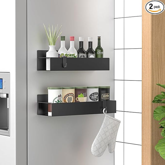 HuggieGems 2 Pack Magnetic Spice Storage Rack Organizer for Refrigerator and Oven, Matt Black Fridge Organizers and Storage by HuggieGems