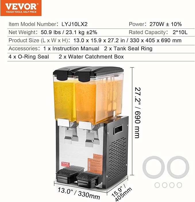 VEVOR Commercial Beverage Dispenser, 2 Tanks 10 L / 10.6 QT Per Tank Juice Dispenser, 270W Stainless Steel Ice Tea Drink Machine with 45°F-54°F Cooling Temperature, for Cold Drink Restaurant Bar Party - Image 7