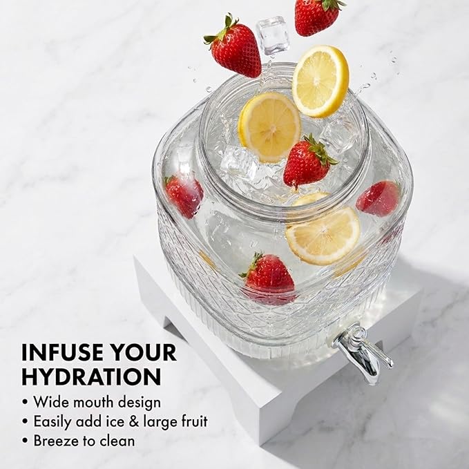 Beverage Dispenser 1 Gallon, Glass Drink Dispenser with Wooden Base Stand, Wide Mouth Jar for Lemonade, Iced Tea, Infused Water, Vintage Kitchen Decor