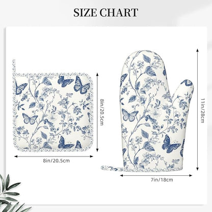 Oven Mitts and Pot Holders Butterfly Flower Vintage Blue Silicone Kitchen Accessories Set of 4 Heat Resistant Long Gloves Potholder Non-Slip Grip for Chef Cooking Baking Grilling BBQ
