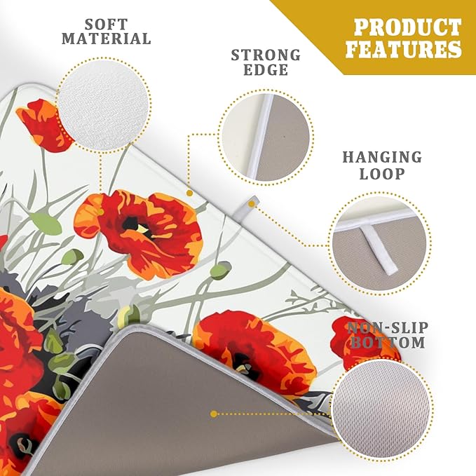 Giwawa Poppy Dish Drying Mat 18x24 inch for Kitchen Vintage Red Orange Floral Dish Drying Pad Oil Painting Flower Dish Drainer Mats Absorbent Microfiber Protector for Countertop Coffee Bar