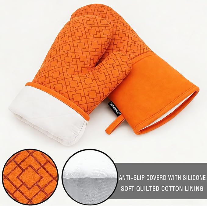 Oven Mitts and Pot Holders Sets 6pcs, Kitchen Oven Glove,High Heat Resistant 550 Degree Extra Long Oven Mitts and Potholders with Non-Slip Silicone Surface for Home Essentials (Grey) (Pumpkin Orange) - Image 3