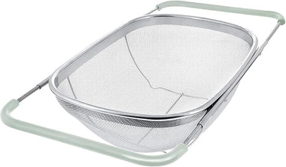 AJIODA Over The Sink Colander, 6 Quarts Stainless Steel Oval Colander with Expandable Rubber Grip Handle, Fine Mesh Strainer Baskets Kitchen Colanders for Strain, Drain, Rinse Vegetables, Mint Green