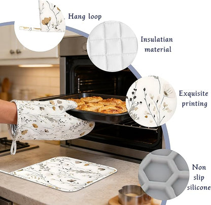 Vintage Wild Flowers Oven Mitts and Pot Holders Herb Floral Silicone Kitchen Accessories Set of 4 Heat Resistant Non-Slip Long Gloves Potholder for Chef Cooking Baking Gifts Women Men