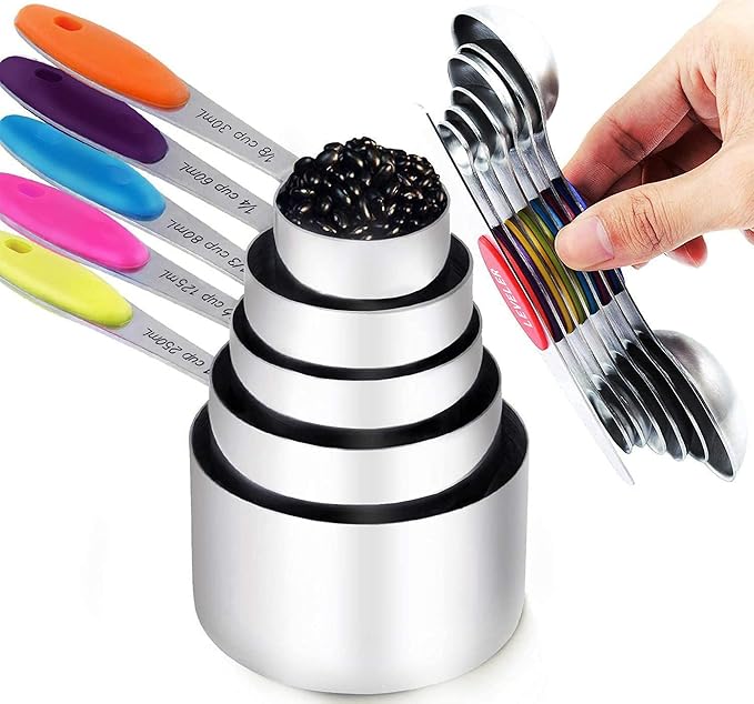 TILUCK measuring cups and magnetic measuring spoons set, stainless steel measuring cups, 6 double-sided stainless steel measuring spoons & 1 leveler (12) by TILUCKBringsGoodLuck