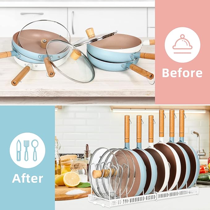 ROOHUA Pot Rack Organizer -Expandable Pot and Pan Organizer for Cabinet,Pot Lid Organizer Holder with 10 Adjustable Compartment for Kitchen Cabinet Cookware Baking Frying Rack - Image 3