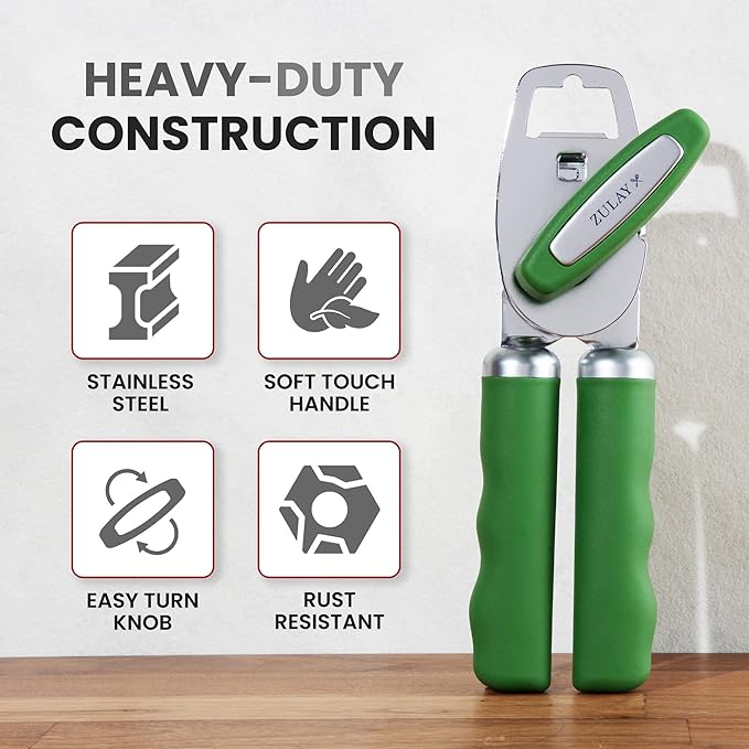 Zulay Kitchen Heavy Duty Stainless Steel Can Opener Manual with Bottle Opener - Rust Proof Manual Can Opener With Turn Knob & Comfy Soft Grip Handles - Artichoke Green - Image 3
