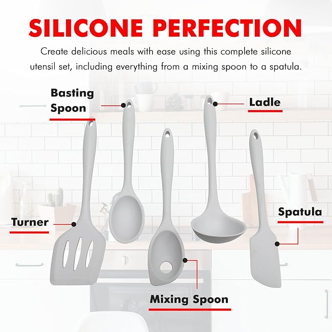 Chef Craft - Premium Silicone Kitchen Tools and Utensils Set, Non-Scratch, Withstands Temperatures up to 450°F, BPA-Free, 5 Piece Cooking Utensils Set, Gray - Image 4