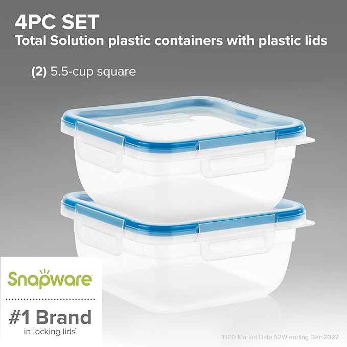 Snapware Plastic Total Solution 2-Pack (5.5-Cup) Food Storage Containers Set, Leakproof & Airtight Plastic Locking Lids Square Containers, Non-Toxic BPA-Free Lids, Microwave Dishwasher Freezer Safe - Image 2