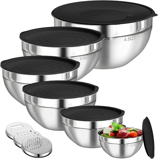 Mixing Bowls with Lids Set, 6 PCS Stainless Steel Mixing Bowls with 3 Grater Attachments, Kitchen Food Storage Organizers Nesting Mixing Bowl, Large Size 4.5, 3.5, 2.1, 1.5, 1.1, 0.7QT-Black by HelpYouSaveMoreSpace