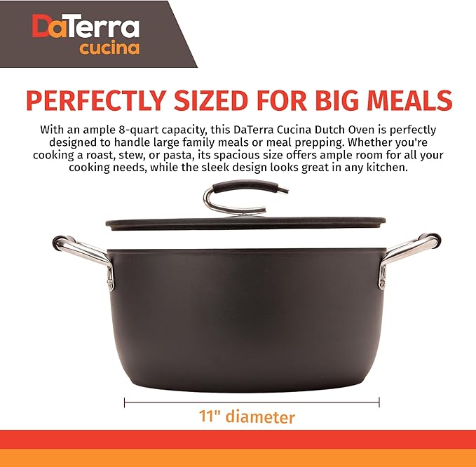 DaTerra Cucina – 8 Qt Nonstick Ceramic Dutch Oven with Lid – Large Oven Safe Stock Pot, Induction Compatible, Lightweight, Lead & PFOA Free, Volcanic Black, Durable Nonstick Cookware – Made in Italy - Image 6