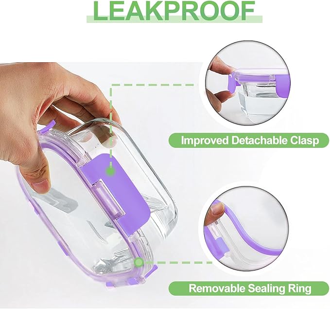 HOMBERKING Glass Food Storage Containers with Lids, 18 Piece Meal Prep Containers, Airtight Lunch Bento Boxes, BPA-Free & Leak Proof (9 Lids & 9 Containers) - Purple - Image 4