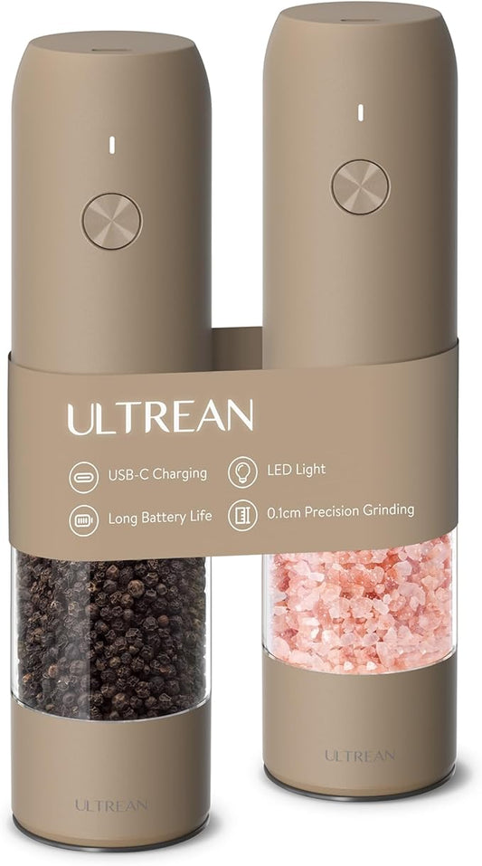 Ultrean Pepper Grinder, Rechargeable Salt and Pepper Grinder Set with 6 Adjustable Coarseness, LED Light, Electric Pepper Mill, Essentials for New Home Housewarming, Brown by Ultrean