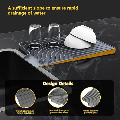 Silicone Drying Mat for Kitchen Counter , Dish Drying Rack Matt with Built in Drain, Small Dry Mats for Dishes Drying Pad for Kitchen Counter (20×15.7inch Extra Large, gray)