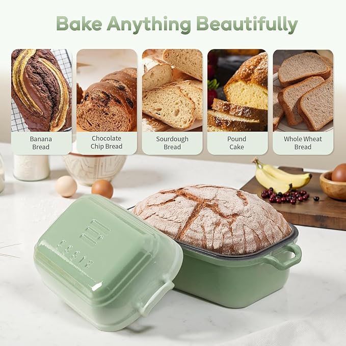 Enameled Cast Iron Dutch Oven Pot with Lid, Dutch Oven for Sourdough Bread Baking, 10×6 Bread Loaf Pans with Lid for Homemade Bread, Cake, Meatloaf, Oven & Induction Safe (Green, 3.84 QT) - Image 4
